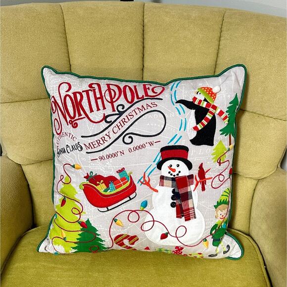 Pier 1 Imports Christmas Lights North Pole Snowman Elf Penguin Pillow 17" x 17" - Picture 2 of 11